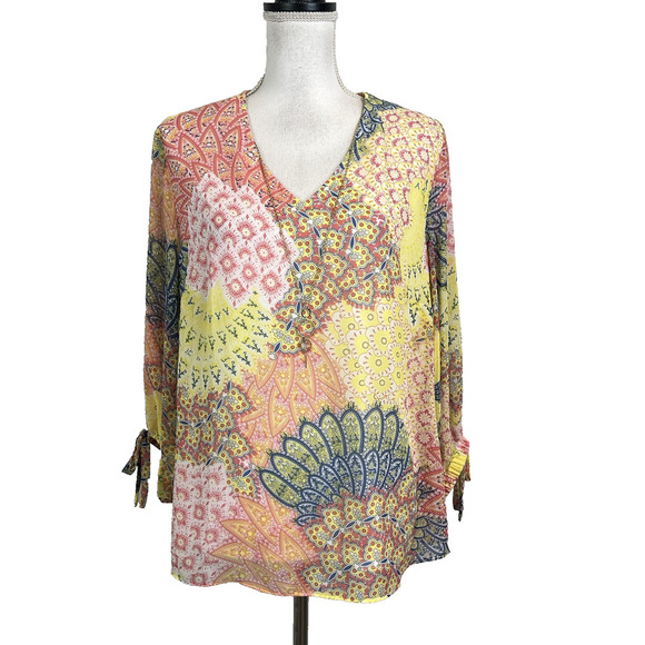 JM Collection Blouse Tunic size Large Pink Yellow Paisley Sheer Necklace Peasant - Picture 1 of 8